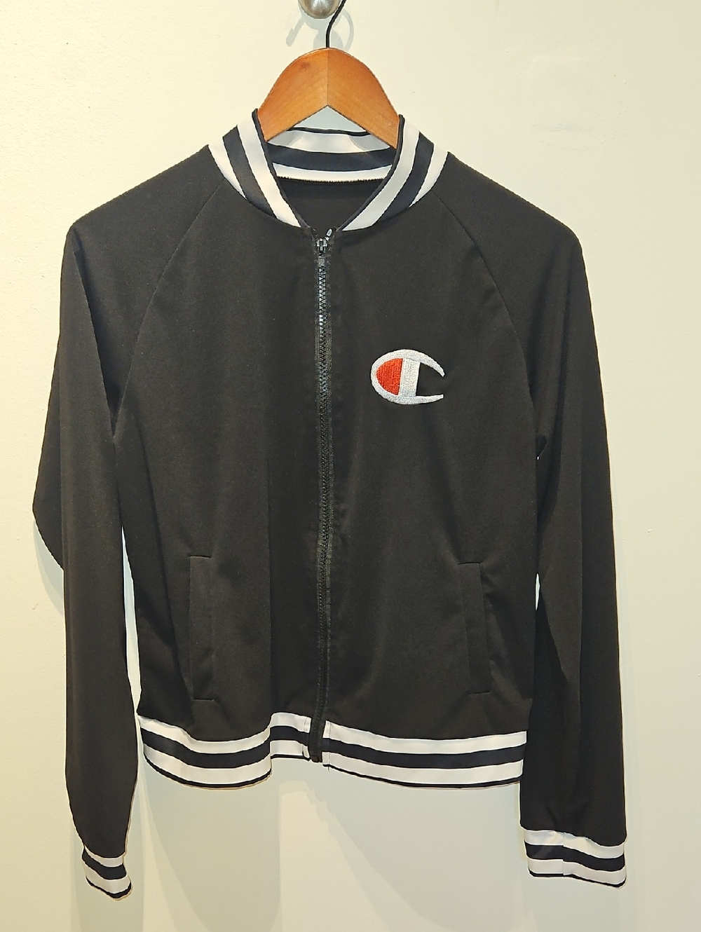 Champion Black Light Crop Jacket with White Trim and Red Logo